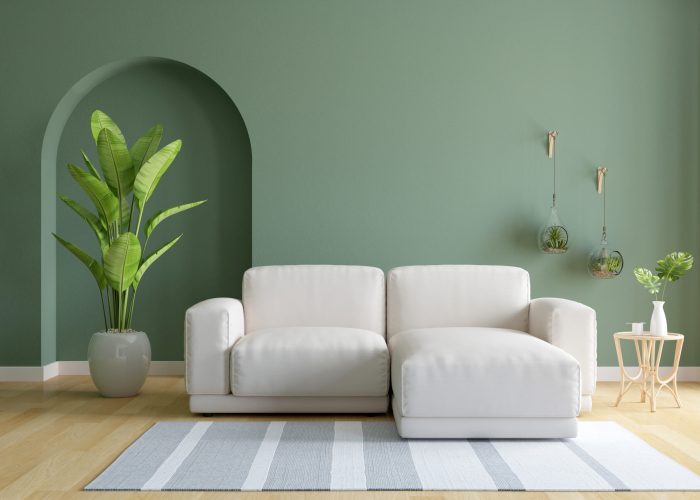 Sofa in green living room interior with copy space, 3D rendering